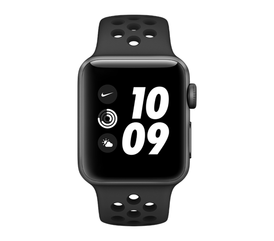 Apple Watch Nike Series 3 - pouzdro z vesmírně šedého hliníku s antracitovým/černým sportovním řemínkem Nike