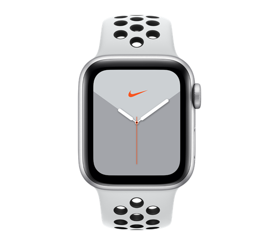 Apple Watch Nike Series 5 - pouzdro ze stříbrného hliníku s platinovým/černým sportovním řemínkem Nike
