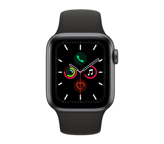 Apple Watch Series 5 - pouzdro z vesmírně šedého hliníku s černým sportovním řemínkem