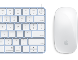 Pohled zblízka na barevně sladěný Magic Keyboard a Magic Mouse, je zaostřeno na otisk prstu Touch ID