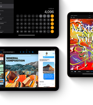 Displeje tří iPadů mini s ukázkou funkcí a aplikací v iPadOS