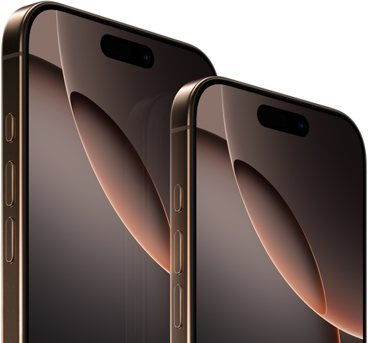 6,9palcový iPhone 16 Pro Max a 6,3palcový iPhone 16 Pro, pohled zepředu, akční tlačítko, tlačítka hlasitosti, Dynamic Island nahoře uprostřed