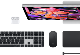 Doplňky k Macu: AirPody, Studio Display, Magic Keyboard, Magic Mouse, Magic Trackpad, MagSafe nabíjecí kabel ve vesmírně černé