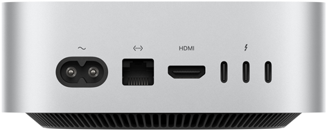 Pohled zezadu na stříbrný Mac mini s porty na zadní straně: jedním portem HDMI, jedním ethernetovým portem a třemi porty Thunderbolt